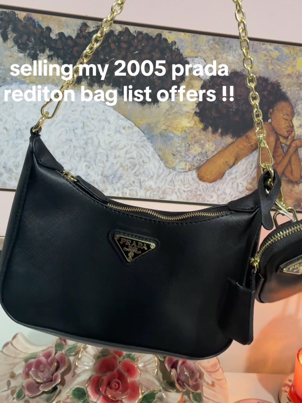 Prada Black Saffiano Leather Shoulder Bag with Gold Chain
